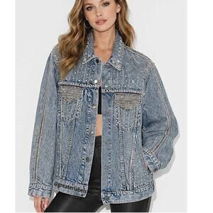 Alice + Olivia AO.LA Rhinestone Studded Oversized Denim Jacket Size M